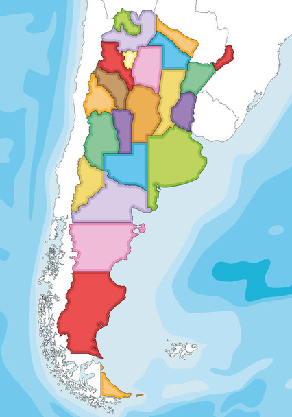 Vector απεικονίζεται κενό χάρτη της Αργεντινής με επαρχίες ή ομόσπονδα κράτη και διοικητικές διαιρέσεις, και γειτονικές χώρες και εδάφη. Επεξεργάσιμα και σαφώς επισημασμένα στρώματα. - Διάνυσμα, εικόνα