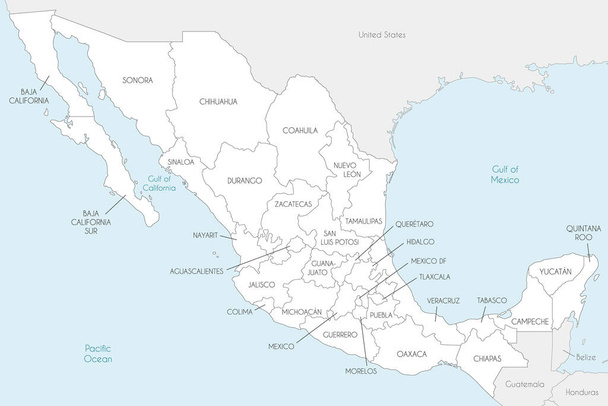 Mexikó térképe régiókkal, államokkal és közigazgatási egységekkel, valamint a szomszédos országokkal. Szerkeszthető és egyértelműen címkézett rétegek. - Vektor, kép