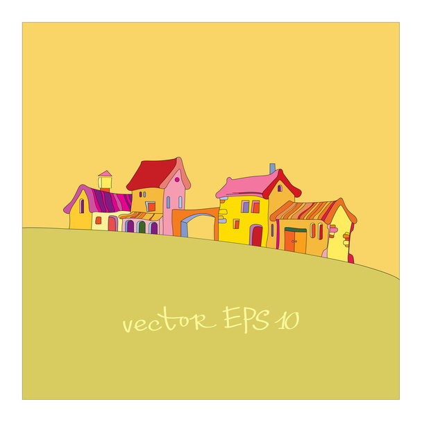 pequeño pueblo pintado en estilo de dibujos animados
 - Vector, Imagen