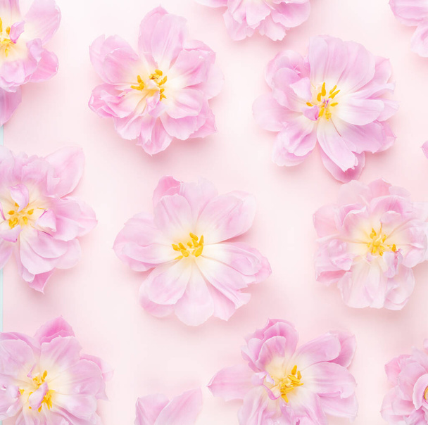 Pink tulips blossom pattern on pastel background. - Photo, image