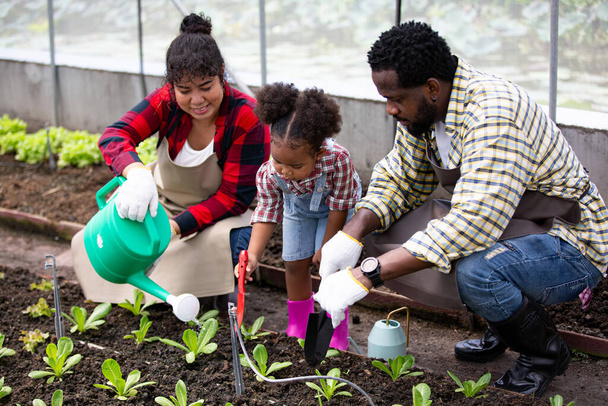 Смешанная расовая семья и дочь проводят время вместе на ферме органиков. Афро-американские семьи. - Фото, изображение
