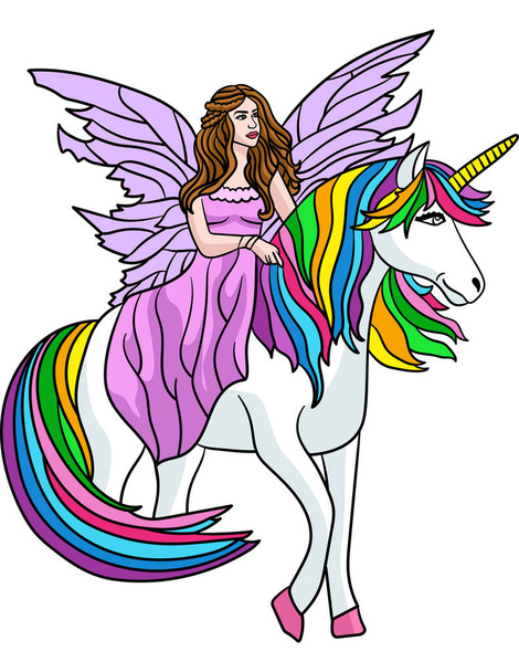This cartoon clipart shows a fairy riding in unicorn illustration - Vector, imagen
