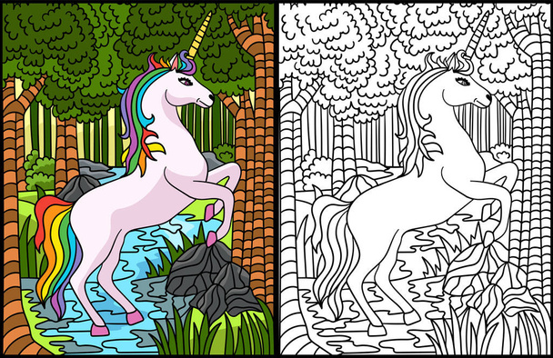 Questa pagina da colorare mostra un unicorno che salta nella foresta. Un lato di questa illustrazione è colorato e serve come ispirazione per i bambini. - Vettoriali, immagini