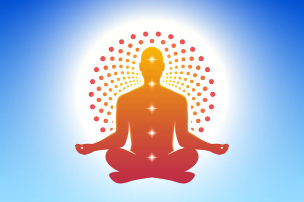 Meditating yoga man in a lotus pose with a round ornamental sun halo on a blue sky background. Meditation, spiritual, relaxation vector background.  - Vector, Image