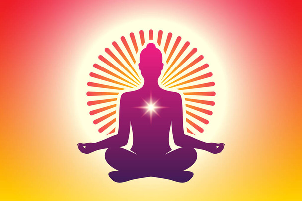 Mujer meditando yoga en una pose de loto con un halo solar ornamental redondo sobre un fondo naranja del cielo. Meditación, espiritual, relajación vector de fondo. - Vector, Imagen