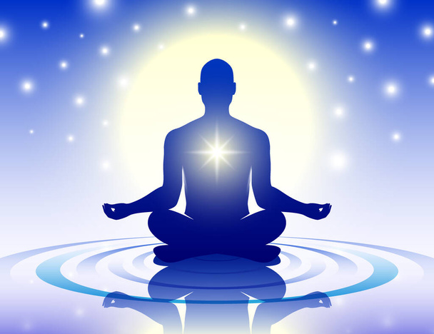 Meditating man sitting peacefully in a lotus posture on the water, on a mystical blue night sky background with stars and moon. Meditation, spiritual relaxation vector banner.  - Vector, Image