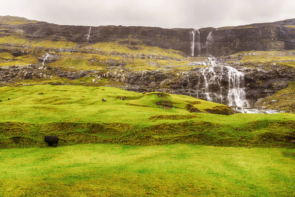 Каскад водопадов с красивых гор. Фарерские острова. Дания. В Европе. Пейзажи природы - Фото, изображение