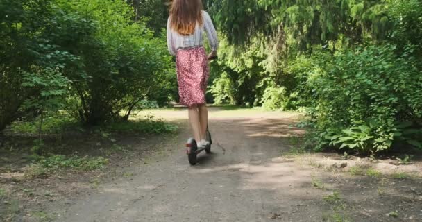jonge vrouw rijdt op een elektrische scooter langs een pad in een park tussen groene bomen. Achteraanzicht, overdag, wide shot.. Hoge kwaliteit 4k beeldmateriaal - Video