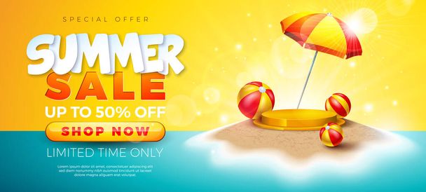 Summer Sale Design with with Stage Podium, Sunshade and Beach Ball on Tropical Sandy Island Background. Tropical Business Vector Illustration with Special Offer Typography for Coupon, Voucher, Banner - Vektori, kuva