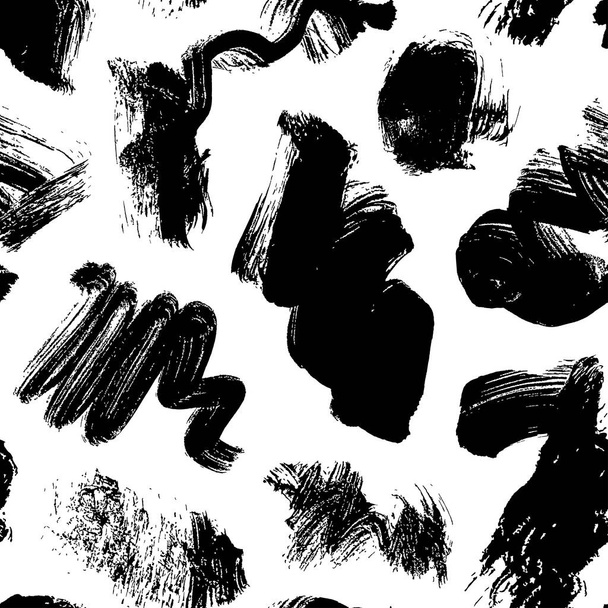 Black brush strokes seamless pattern. Abstract hand painted ornament with texture brush strokes. Black ink curly smears. Hand drawn blots with dry rough edges. Geunge freehand texture background - Vektor, kép