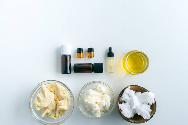 ingredients for making moisturizing body butter at home. top view with space for text. High quality photo - Foto, Imagen