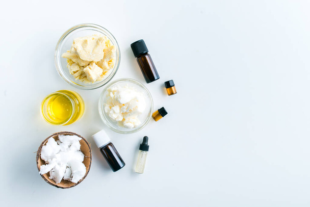 ingredients for making moisturizing body butter at home. top view with space for text. High quality photo - Zdjęcie, obraz