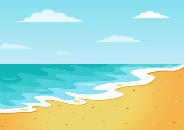Αμμώδης παραλία με καταγάλανα νερά και ακτογραμμή καθαρός καλοκαιρινός ηλιόλουστος ουρανός στο βάθος. - Διάνυσμα, εικόνα