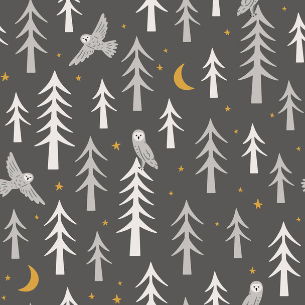 Bezešvé vzor s roztomilými sovy v lese. Ručně kreslené skandi pozadí s divokými zvířaty v lese. Nekonečná dětská textura pro tapety, textil a potisky. Vektorová zalesněná ilustrace - Vektor, obrázek