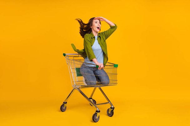 Photo of cheerful young positive lady good mood smile enjoy information isolated on yellow color background. - Foto, Imagen