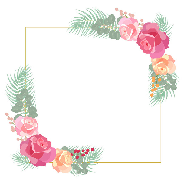 Flower frame with roses and eucalyptus leaves, isolated on white background,  plants, botanical design for fashion, fabric, wallpaper. Template wedding invitation card. Vector illustration - Vector, afbeelding