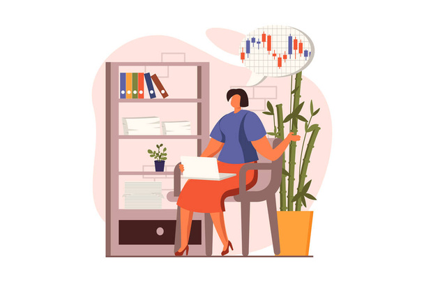 Business activities web concept in flat design. Woman analyzes data and makes financial report using computer at workplace. Businesspeople working at office. Illustration with people scene - Photo, Image