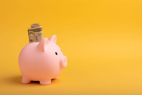 Piggy bank with dollars on a yellow background. Money saving concept. currency savings. Copyright. close-up. - Foto, Imagen