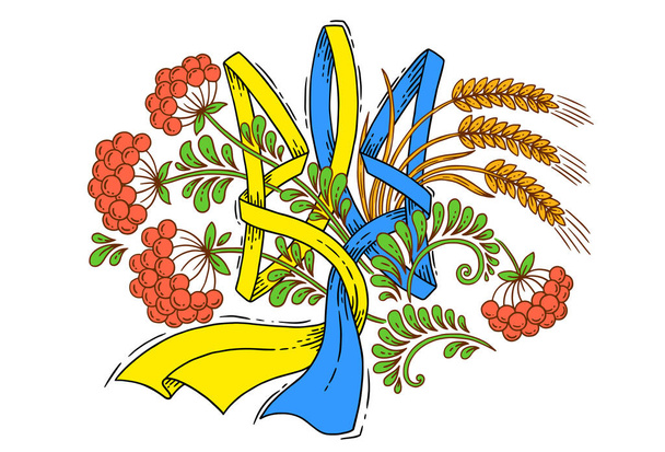 Ilustracja wektorowa, dekoracyjna wersja symbolu państwa ukraińskiego trójząb. Wstążka w niebiesko-żółtej fladze, jagody wiburnum i uszy pszenicy - Wektor, obraz