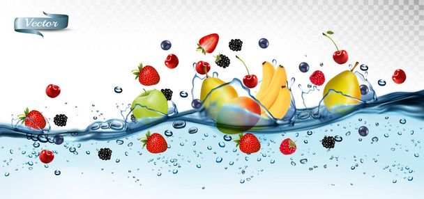 Fresh fruits and berries splashing in water waves with air bubbles and sunbeams. Raspberry, blueberry, strawberry, banana, cherry, mango, apple, pear, blackberry. Vector. - Vektör, Görsel