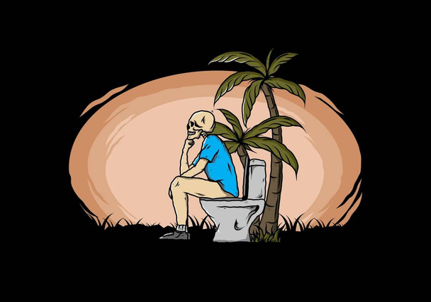 Skeleton άνθρωπος κάθονται σε εξωτερική τουαλέτα εικονογράφηση σχέδιο σχεδίασης - Διάνυσμα, εικόνα