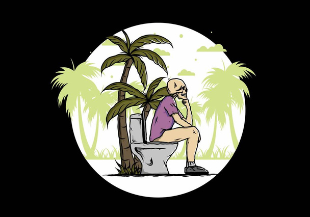 Csontváz ember ül a szabadtéri WC illusztráció rajz tervezés - Vektor, kép