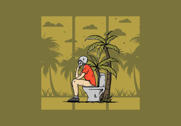 Skeleton man sit on outdoor toilet illustration drawing design - Vector, Image