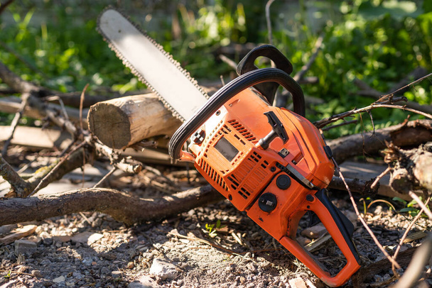Profesjonalny chainsaw szczegół cięcia kłód drewna. - Zdjęcie, obraz