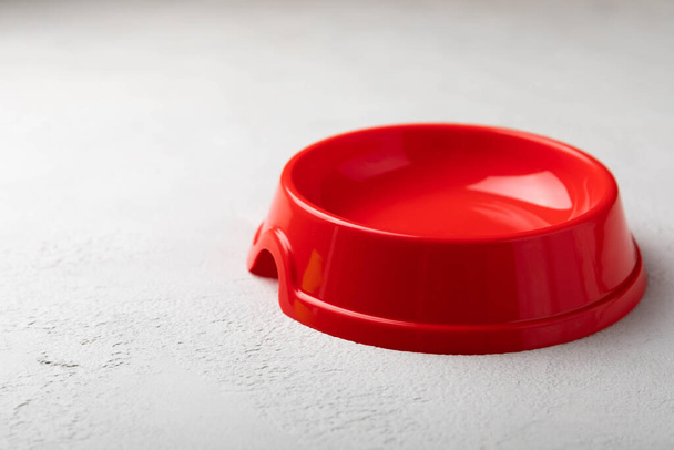 Red bowl for feeding cats and dogs on a cement background. Vitamins and nutrients for good health and energy in pets. Copy space. - Photo, Image