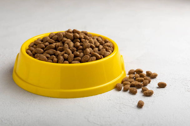 Kuiva kissanruoka keltaisessa kulhossa sementtipohjalla. Vitamiinit ja ravinteet hyvän terveyden ja energian lemmikkieläinten. Kopioi tilaa. - Valokuva, kuva