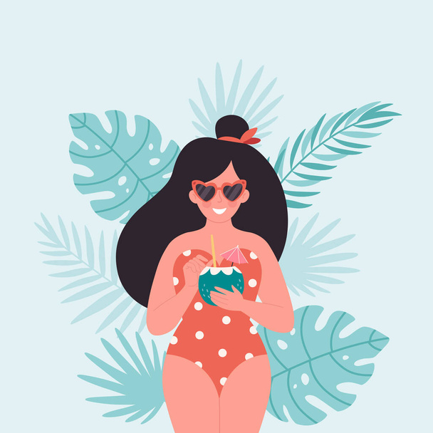 Woman with summer cocktail. Hello summer, vacation, summertime, summer party. Woman in retro swimsuit and retro glasses. Vector illustration - Vector, Image