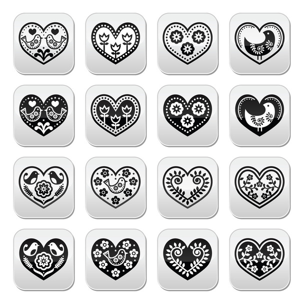 Folk hearts with flowers and birds buttons set - Vektor, Bild