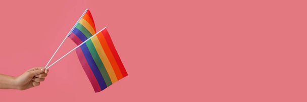 Female hand holding LGBT flags on pink background with space for text - Photo, Image