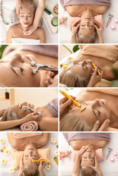 Collage con mujer madura recibiendo masaje facial en salón de belleza - Foto, imagen