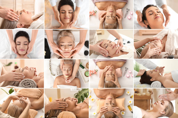 Collage con belle donne ottenere massaggio viso nel salone spa - Foto, immagini