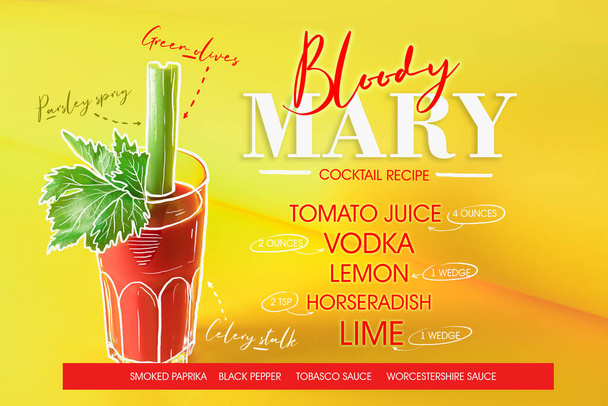 Glass of red Bloody Mary cocktail with ingredients on yellow background - Photo, Image