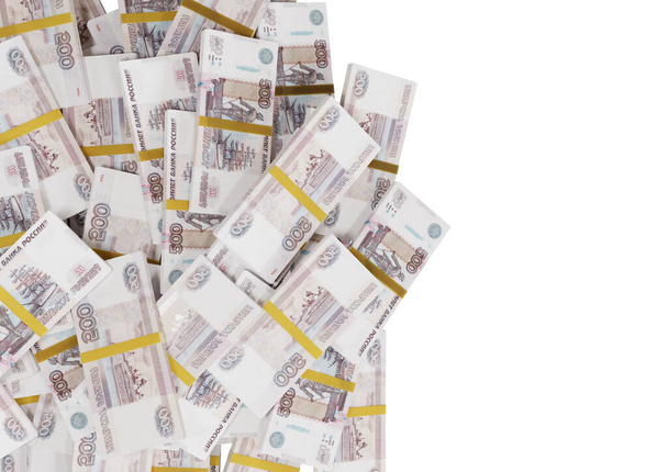 Pila de efectivo ruso o billetes de Rusia rublos dispersos sobre un fondo blanco aislado El concepto de Economía, Finanzas, Fondo, noticias, medios sociales y textura del dinero 3d Rendering 500 Rubl - Foto, imagen