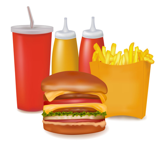Photo-realistic vector. Group of fastfood products. - Vetor, Imagem