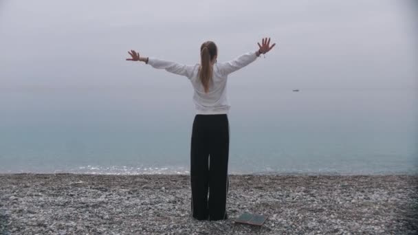Μια εμπνευσμένη γυναίκα στέκεται στην παραλία και σηκώνει τα χέρια ψηλά. Μεσαίο πλάνο - Πλάνα, βίντεο