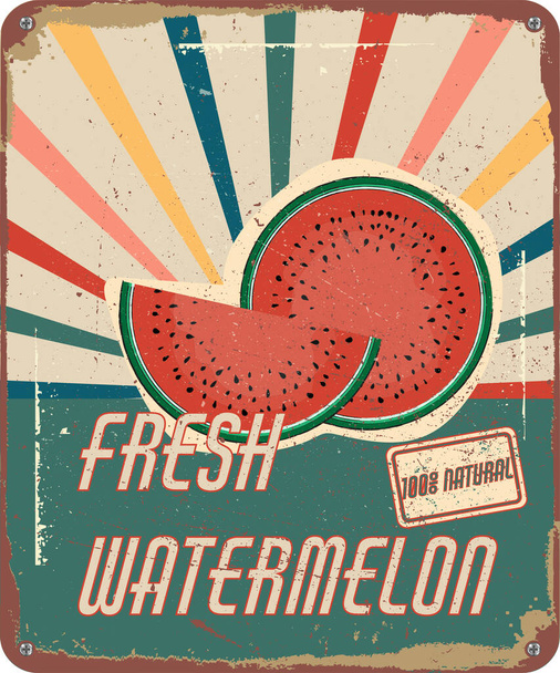 vintage shabby slightly rusty advertising banner. fresh watermelon. - Vettoriali, immagini