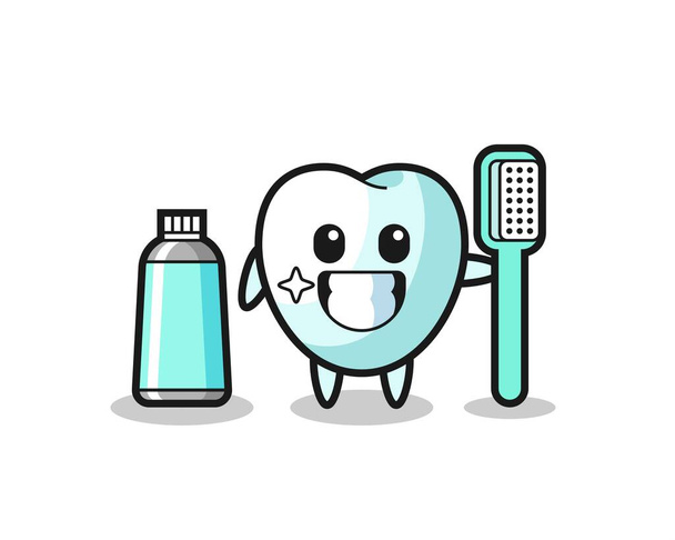 Mascote Ilustração do dente com uma escova de dentes, design bonito - Vetor, Imagem