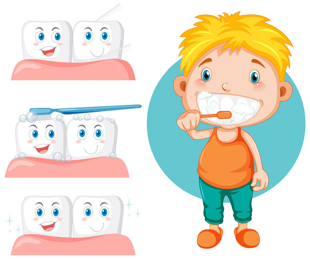 Niño cepillarse los dientes con los dientes con ilustración de encías - Vector, imagen