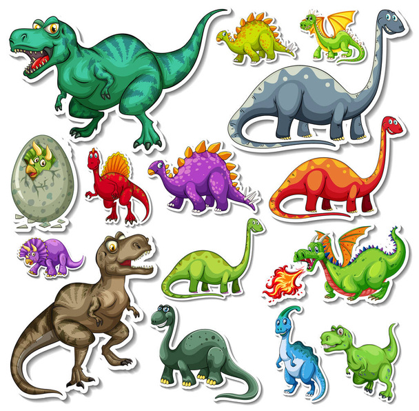 Sticker set of different dinosaurs cartoon illustration - Vector, Image