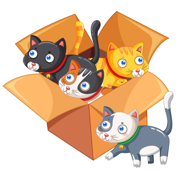 Leuke katten in de kartonnen doos illustratie - Vector, afbeelding