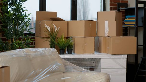 Stacks of moving carton packages on table with plants and decor in empty household flat. No people in real estate apartment with cardboard boxes and furniture shipping storage. - Photo, Image