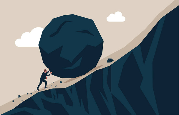 Strong businessman pushing huge stone up the hill. Business problem crisis hardship and burden concept. Vector Illustration. - Vector, Image