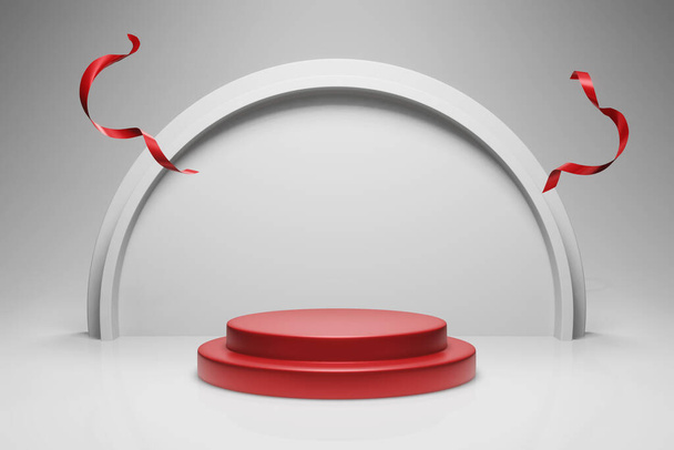 3D-Rendering weißen Hintergrund in rotem Zylinder Podium und Halbkugel Wandpaneel mit roten Bändern für Produktpräsentation. 3D-Sockel-Attrappe zur Darstellung von Kosmetik- und Schönheitsprodukten - Foto, Bild