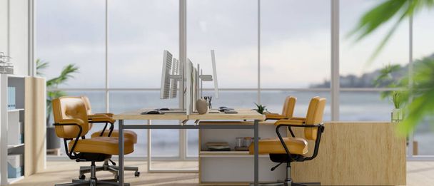 Elegancia moderna sala de oficina luminosa con ordenador PC en la mesa, sillas de oficina, gabinete de documentos y suministros en la habitación con gran ventana de cristal. representación 3d, ilustración 3d - Foto, imagen