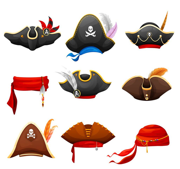 Cartoon tricorn, bandana and pirate cocked hat set. Corsair, buccaneer, pirate, filibuster hats. Vector headwear for carnival, captain and sailor caps with feathers and jolly rogers, red scarves - Vector, Image
