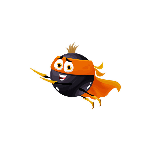 Cartoon fliegen schwarze Johannisbeere Superheld, lustige Beere Verteidiger Charakter, Vektor Kindernahrung. Blackberry-Frucht als Superheld oder Wächter und Rescue Ranger mit orangefarbener Maske und Power-Umhang - Vektor, Bild